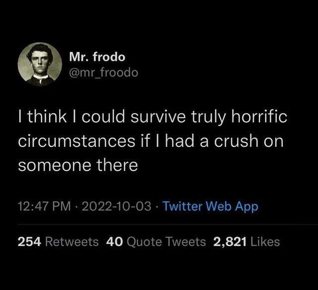 I think I could survive truly horrific circumstances if I had a crush on someone there.