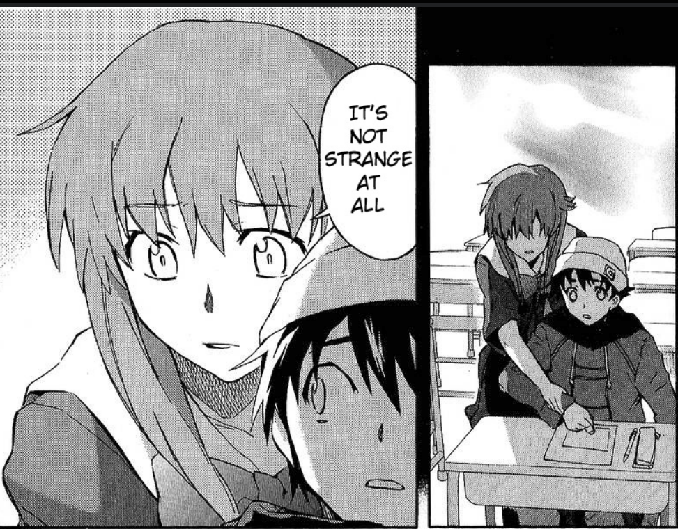 Yuno stops Yuki from erasing his wish, and tells him it's not strange.